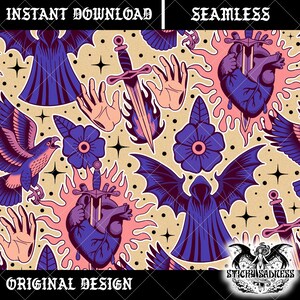 May include: Seamless pattern with a vintage tattoo design featuring a hooded figure, a heart pierced by a sword, a bird, hands, flowers, and daggers. The design is in shades of purple, pink, and beige, with the words "INSTANT DOWNLOAD", "SEAMLESS", and "ORIGINAL DESIGN".