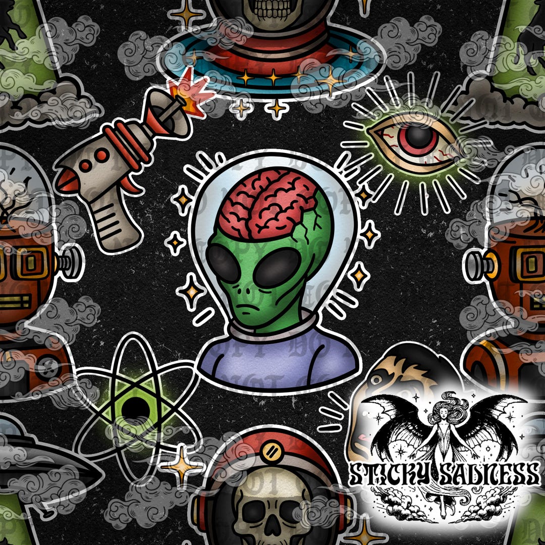 Dark Retro Sci-fi Horror Pattern, Vintage Alien Extra-terrestrial ...