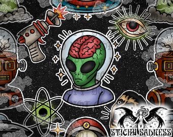 Dark Retro Sci-Fi Horror Pattern, Vintage Alien Extra-Terrestrial Abduction Movie Tattoo Style Background, Seamless Pattern for Sublimation