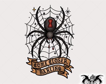 Black Widow Spider PNG, Gothic Tattoo Style Clipart, Come Closer Darling Spiderweb Digital Art for Sublimation or Printing Shirts, Sticker