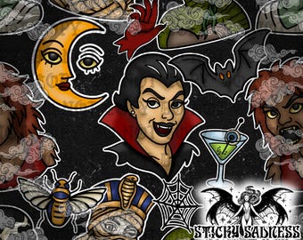 Dark Ladies Night Classic Monster Print, Vintage Horror Movie Tattoo Style Halloween Background, Occult Seamless Pattern PNG for Sublimation
