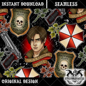 Könnte beinhalten: Nahtloses digitales Design mit einem Porträt von Leon S. Kennedy, Waffen, Polizeimarken mit Totenköpfen und einem rot-weißen Regenschirm. Das Design enthält den Text "INSTANT DOWNLOAD", "SEAMLESS" und "ORIGINAL DESIGN".
