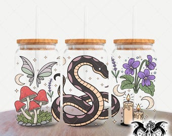 Archivo digital Fantasy Garden, envoltura para lata de vidrio de 16 oz, PNG de 300 DPI, vinilo impreso por sublimación UVDTF, envoltura transparente, diseño de bruja cottagecore