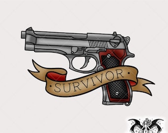 Classic Zombie Game Survivor Gun Design, Alternative Traditional Tattoo PNG for Printing, Stickers, Shirts, Sublimation, Stickers, Mugs