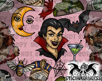 Pink Ladies Night Classic Monster Print, Vintage Horror Movie Tattoo Style Halloween Background, Occult Seamless Pattern PNG for Sublimation