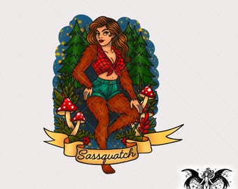 Sassquatch Pinup PNG, Tattoo Cryptid Clipart, Alternative Traditional Tattoo PNG for Printing, Stickers, Shirts, Sublimation, Stickers, Mug