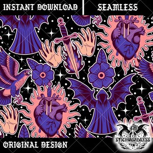 May include: Seamless pattern featuring gothic illustrations of daggers, hearts, hands, flowers, and eagles in shades of purple, peach, and black. The words "INSTANT DOWNLOAD", "SEAMLESS", and "ORIGINAL DESIGN" are displayed.