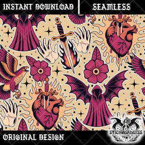 May include: Seamless pattern featuring traditional tattoo-style illustrations. The design includes a hooded figure with wings, daggers, hearts pierced by swords, hands, flowers, and an eagle. The color palette consists of burgundy, orange, and black on a beige background. The text "INSTANT DOWNLOAD", "SEAMLESS", and "ORIGINAL DESIGN" is included.
