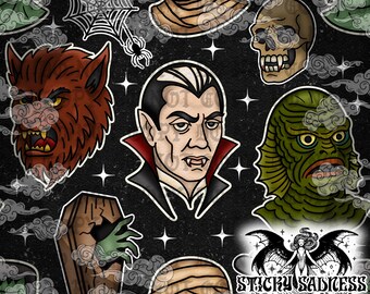 Dark Midnight Monsters Nahtloses Muster, Vintage Horrorfilm Tattoo Style Halloween Hintergrund, Okkultes Nahtloses Muster PNG für Sublimation