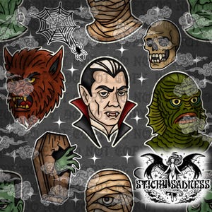 May include: A repeating pattern featuring classic horror movie characters such as a werewolf, Dracula, a mummy, and a creature from the black lagoon. The design is set against a dark grey background with white stars and clouds.