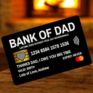 Diseño digital de tarjeta de billetera Bank of Dad: nombre editable en Canva