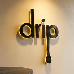 May include: A three-dimensional wall sign featuring the word drip in black lettering. The letter p extends downward into a long, teardrop-shaped tail. The sign is backlit with a warm glow, casting a soft shadow against the light-colored wall.