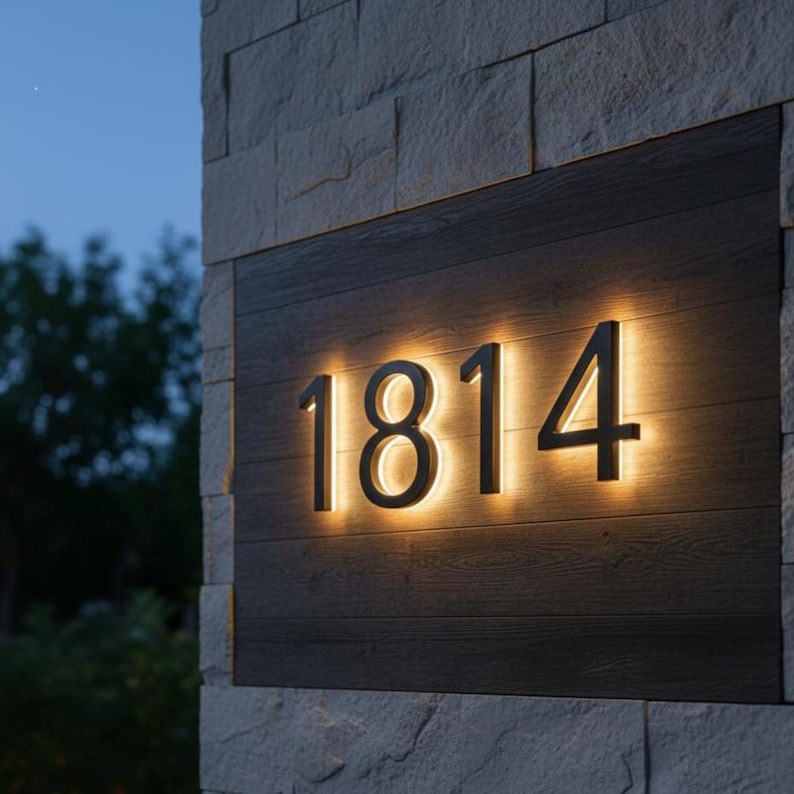 K&ouml;nnte beinhalten: Beleuchtete Hausnummern, "1814", sind auf einer dunklen Holztafel montiert. Die schwarzen Ziffern werden von einem warmen Licht hinterleuchtet. Die Tafel ist an einer Steinmauer befestigt.