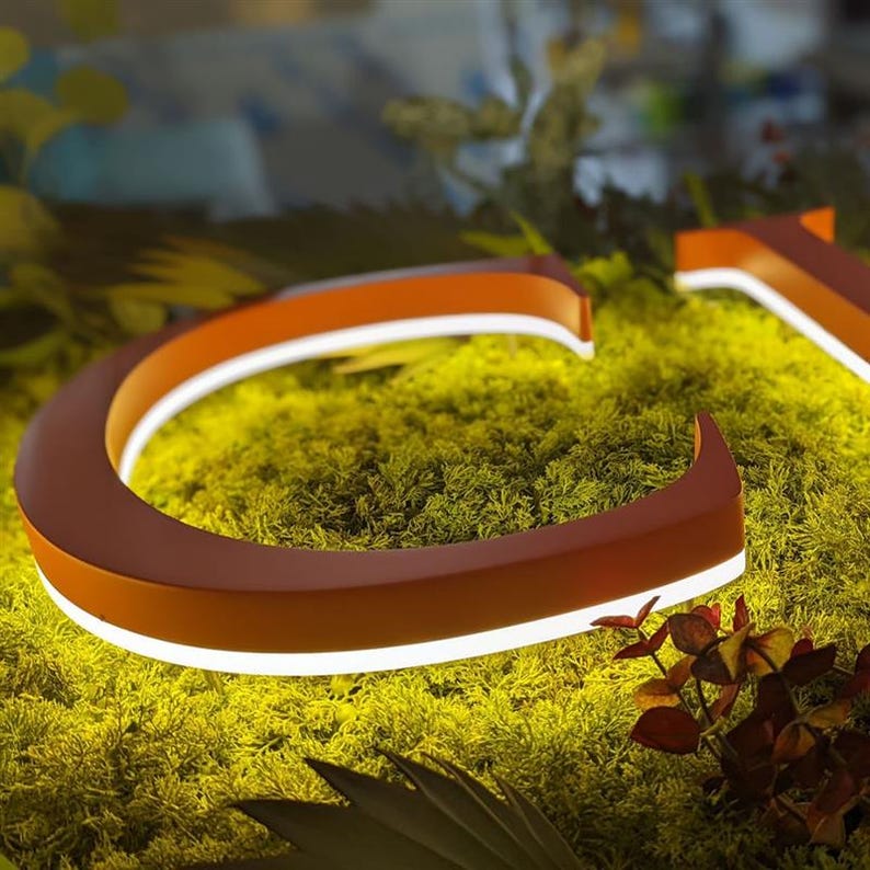 May include: A three-dimensional letter C in a matte orange finish, featuring a bright white LED light strip along its base. The letter is positioned on a bed of vibrant green preserved moss, with small dark red leaves visible in the foreground.