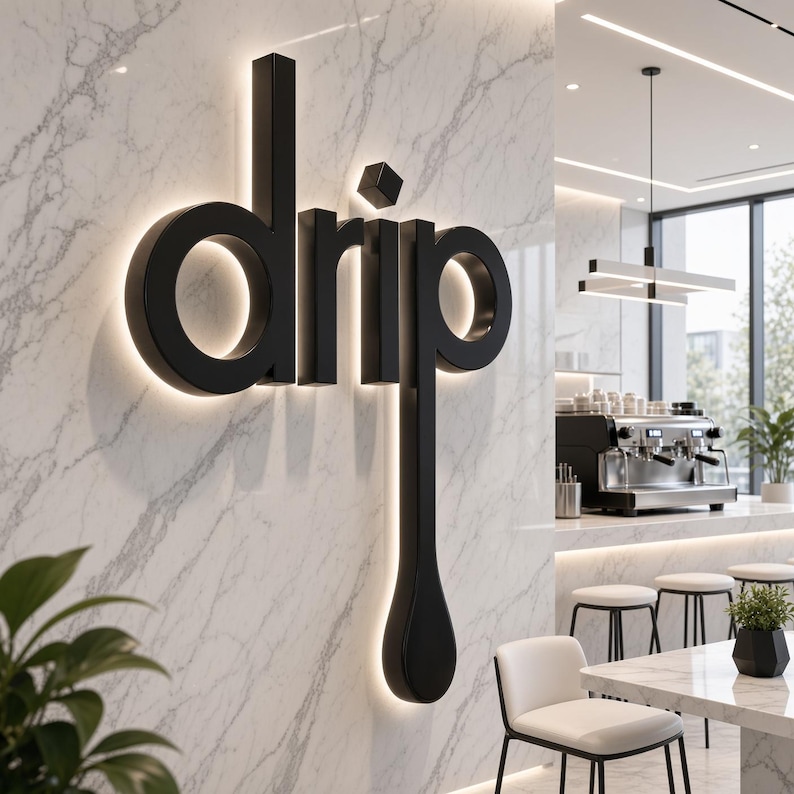 May include: A three-dimensional wall sign featuring the word drip in black, bold, sans-serif lettering. The letter p extends downward into a long, rounded drop shape. The sign is backlit with a soft white glow against a white marble wall.