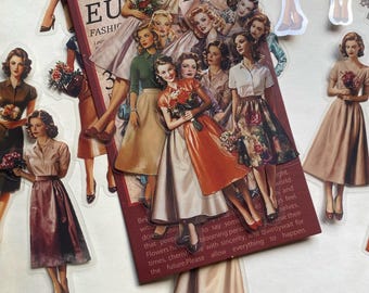 Vintage Inspired 1950s Fashion Lady Stickers, Retro Style Sticker Set, Junk Journal Kit Ephemera for Journaling Scrapbooking