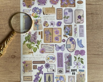 Vintage Washi Stickers, Journal Stickers, Purple Floral Sticker Sheet – Lilac, Violet Junk Journal Ephemera with Tickets & Vintage Tags