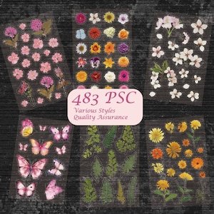 Puede incluir: Una colecci&oacute;n de pegatinas florales y de mariposas en hojas transparentes. Las pegatinas presentan varias flores en tonos rosa, amarillo, naranja y blanco, junto con mariposas rosas y amarillas. Tambi&eacute;n es visible el texto "483 PSC, Various Styles, Quality Assurance".