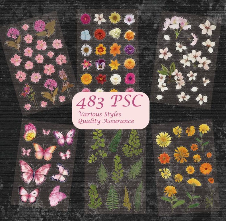 Puede incluir: Una colecci&oacute;n de pegatinas florales y de mariposas en hojas transparentes. Las pegatinas presentan varias flores en tonos rosa, amarillo, naranja y blanco, junto con mariposas rosas y amarillas. Tambi&eacute;n es visible el texto "483 PSC, Various Styles, Quality Assurance".