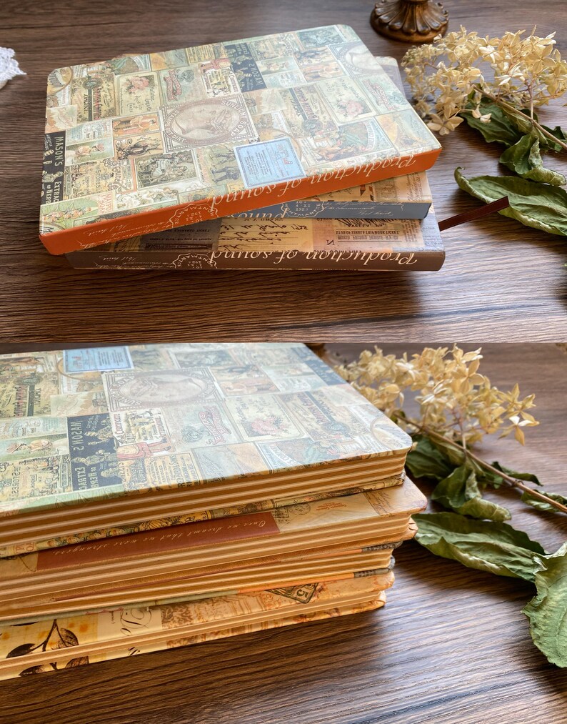 May include: A stack of three vintage-style notebooks. The covers are adorned with a collage of antique images and text. The edges of the notebooks are a warm orange and brown. The words "Production of sound" are printed on the spine.