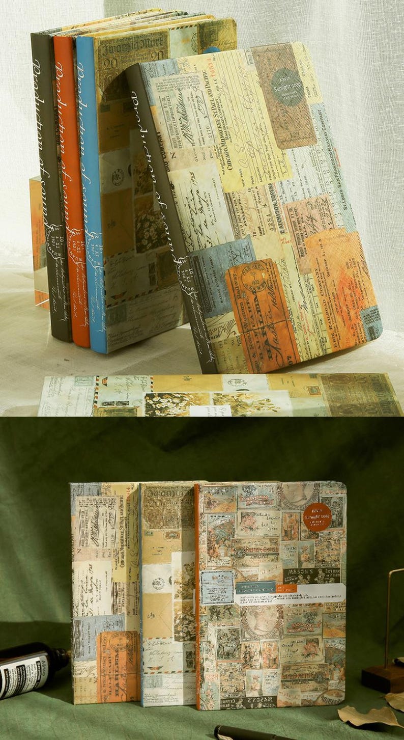 May include: A collection of vintage-style journals with covers adorned with a collage of aged paper, stamps, and handwritten script. The spines are in various colors, including brown, orange, and blue. The journals are stacked and displayed.