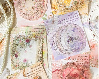 Papel decorativo vintage con encaje floral: materiales para scrapbooking, kit para diario basura, piezas de papel con estética retro, set de encaje para diario.