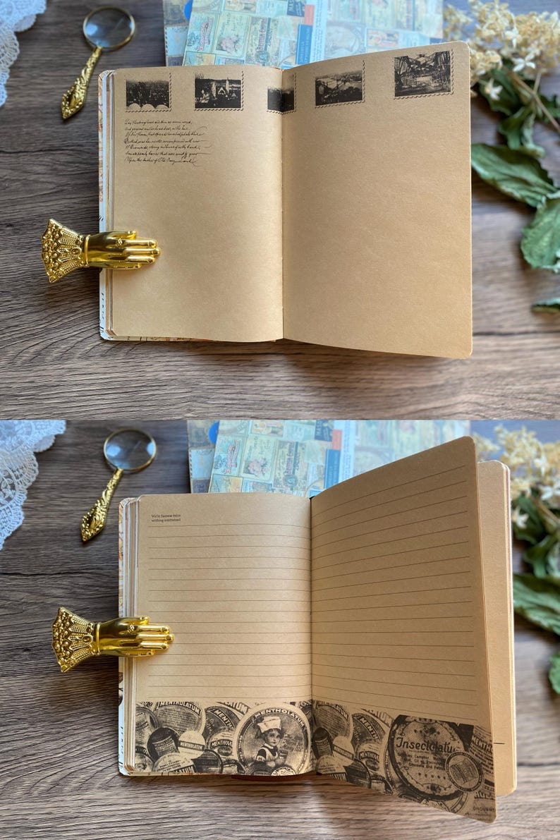 May include: Open journal with lined pages and decorative edges. The journal is held open by a gold-colored hand-shaped clip. A magnifying glass rests nearby. The journal's pages are a light brown color.