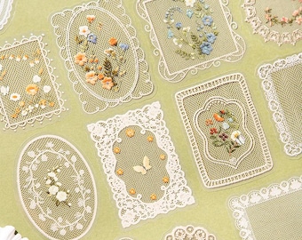 Floral Lace PET Frame Stickers, Transparent Flower Stickers, Clear Lace Ephemera, Junk Journal Kit for Journaling & Scrapbooking