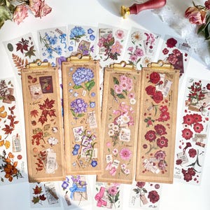 Floral PET Sticker Set, 6 Strips of Transparent Botanical Stickers,Vintage Flower Stickers, Plants Tapes,Nature stickers,Scrapbook Stickers