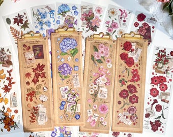 Floral PET Sticker Set, 6 Strips of Transparent Botanical Stickers,Vintage Flower Stickers, Plants Tapes,Nature stickers,Scrapbook Stickers