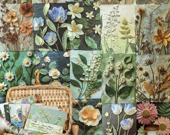 Vintage Flower Paper Set – 6 Themes, Floral Scrapbooking Paper Pack, Junk Journal Ephemera, Botanical Collage Kit, Collage Paper