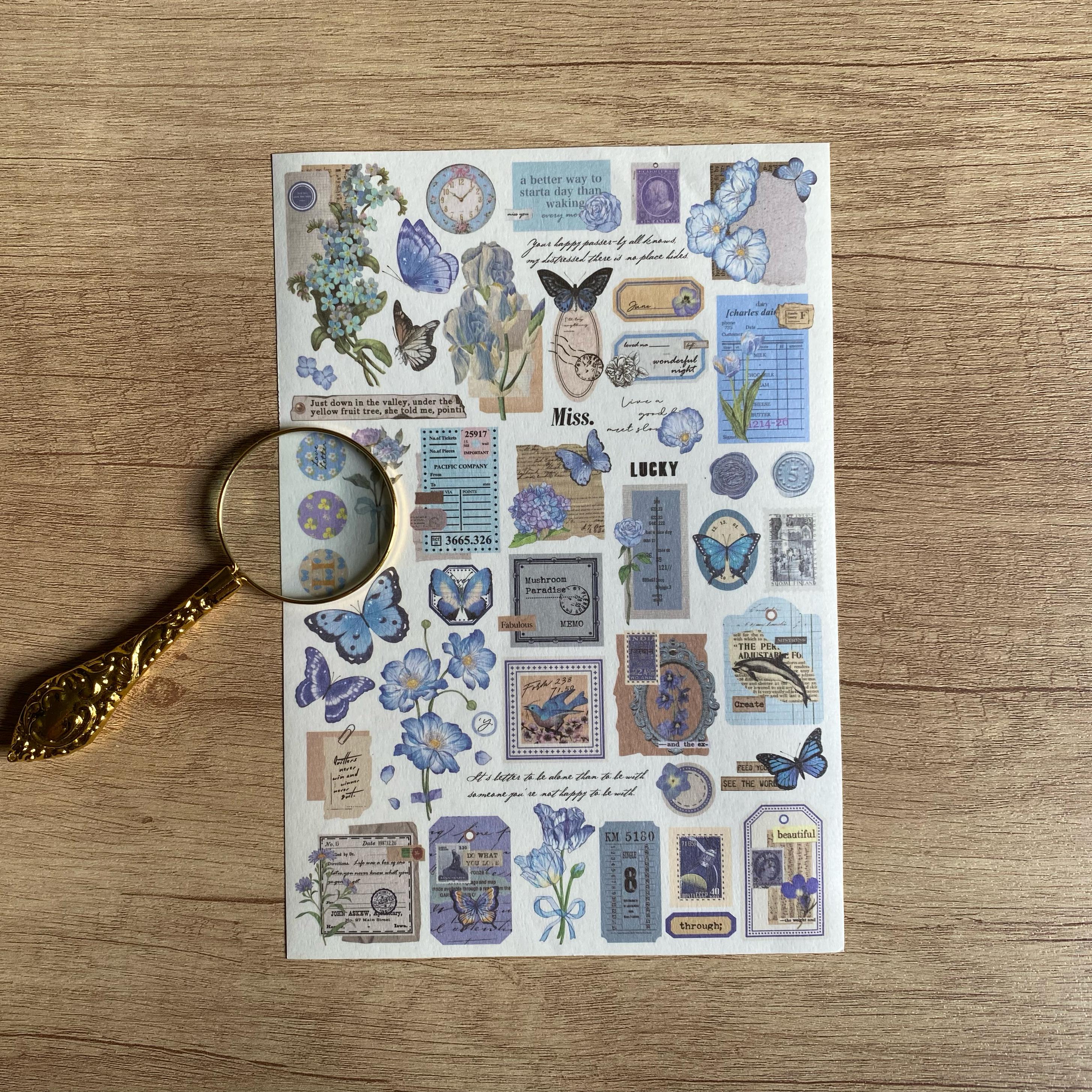Blue Botanical Sticker Sheet – Vintage Washi Stickers, Journal