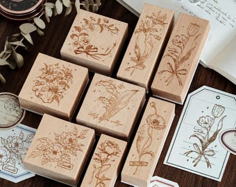 Vintage Floral Wood Stamps, Botanical Rubber Stamps for Journaling, Scrapbooking, Paper Stamping