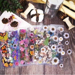 Op de afbeelding: Bloemenstickers met vlinders en diverse bloemen in roze, paars, geel en wit. De stickers zitten in een transparante plastic verpakking, met decoratieve elementen zoals dennenappels en katoen.