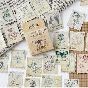 Vintage Postage Style Scrapbook Stickers | Botanical & Animal Faux Stamps | Junk Journal Ephemera Pack | Retro Collage Supplies image 3