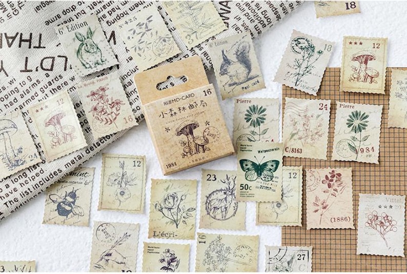 Vintage Postage Style Scrapbook Stickers | Botanical & Animal Faux Stamps | Junk Journal Ephemera Pack | Retro Collage Supplies image 3