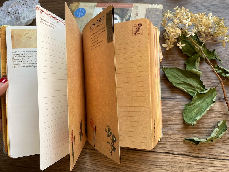 May include: Open vintage journal with lined pages and decorative floral illustrations. The journal has a brown cover and pages, with text that reads "How Can I Let You Walk Away?" and "Been saved for the son of the famous Joshua."