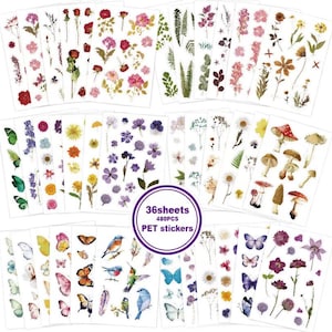 Puede incluir: Un conjunto de 36 hojas de pegatinas PET con dise&ntilde;os florales, de mariposas y de setas. Las pegatinas muestran una variedad de flores coloridas, mariposas y setas, perfectas para &aacute;lbumes de recortes y proyectos de manualidades. El texto de la imagen dice "36 sheets 480 PCS PET stickers."