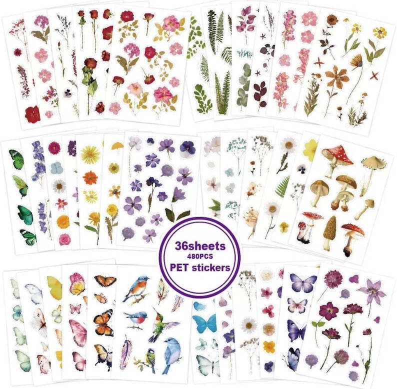 Puede incluir: Un conjunto de 36 hojas de pegatinas PET con dise&ntilde;os florales, de mariposas y de setas. Las pegatinas muestran una variedad de flores coloridas, mariposas y setas, perfectas para &aacute;lbumes de recortes y proyectos de manualidades. El texto de la imagen dice "36 sheets 480 PCS PET stickers."
