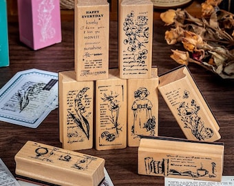 Vintage Botanical Wooden Rubber Stamps, Floral Girl Journal Stamps, Scrapbooking Supplies for Journaling, Scrapbooking, Paper Stamping