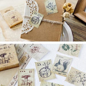 May include: A collection of vintage-style paper ephemera, including stamps, stickers, and a gift bag. The stamps feature botanical and animal illustrations, with text in French. The color palette is neutral, with brown, beige, and cream tones.