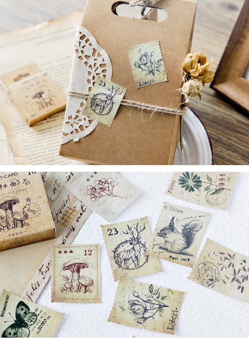 May include: A collection of vintage-style paper ephemera, including stamps, stickers, and a gift bag. The stamps feature botanical and animal illustrations, with text in French. The color palette is neutral, with brown, beige, and cream tones.