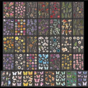 Puede incluir: Una colecci&oacute;n de pegatinas decorativas con varios dise&ntilde;os florales y de mariposas. Las pegatinas muestran una variedad de flores coloridas, mariposas y otros elementos bot&aacute;nicos. Las pegatinas est&aacute;n dispuestas en un patr&oacute;n de cuadr&iacute;cula.