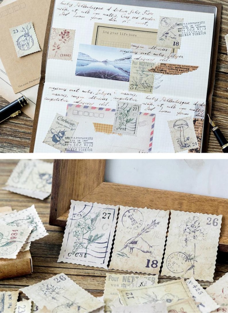 May include: Vintage-style postage stamps with botanical and artistic designs. The stamps feature numbers, illustrations, and text, including "Catmint" and "Pour Nettoyer". The stamps are arranged on a journal page and a wooden frame.