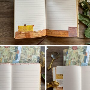 May include: Open notebook with lined pages, vintage-style design. Features decorative paper strips with handwritten text and stamps. Includes a gold-colored hand-shaped bookmark and a magnifying glass. The notebook's cover has a collage of vintage images.