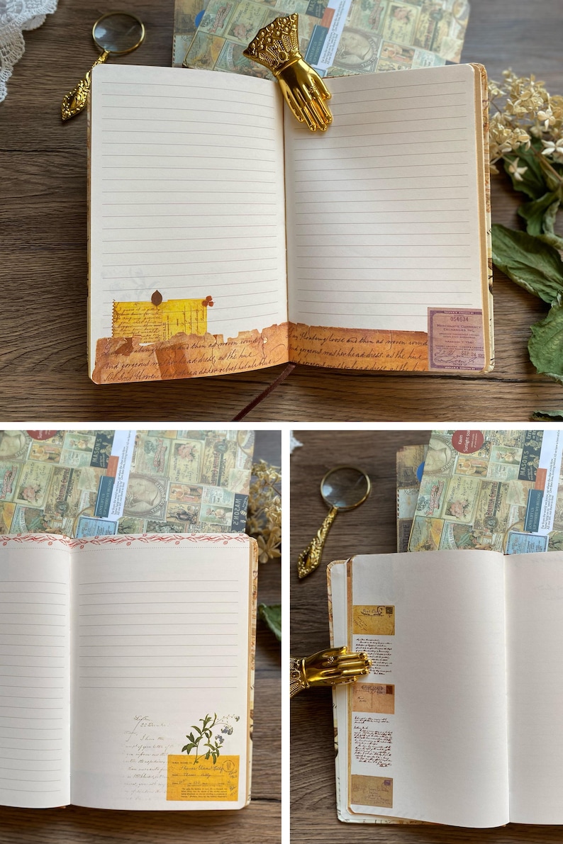May include: Open notebook with lined pages, vintage-style design. Features decorative paper strips with handwritten text and stamps. Includes a gold-colored hand-shaped bookmark and a magnifying glass. The notebook's cover has a collage of vintage images.