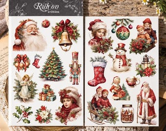Vintage Christmas Rub-On Transfer Stickers, Santa Snowman Holiday Craft, 2 Sheets