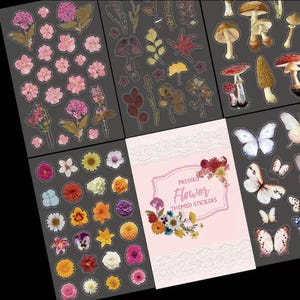 Puede incluir: Una colecci&oacute;n de pegatinas con tem&aacute;tica de flores prensadas. Las pegatinas presentan varias flores, setas, mariposas y hojas en una variedad de colores. Las pegatinas est&aacute;n dispuestas sobre un fondo gris oscuro. Una hoja tiene el texto "PRESSED FLOWER THEMED STICKERS".
