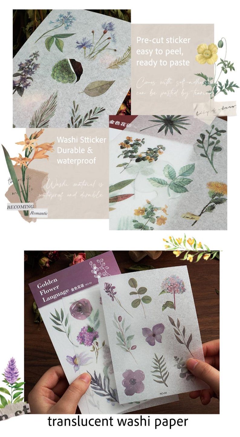 Vintage Flower Stickers, Washi Sticker Set Journal Stickers– 8 Styles ...