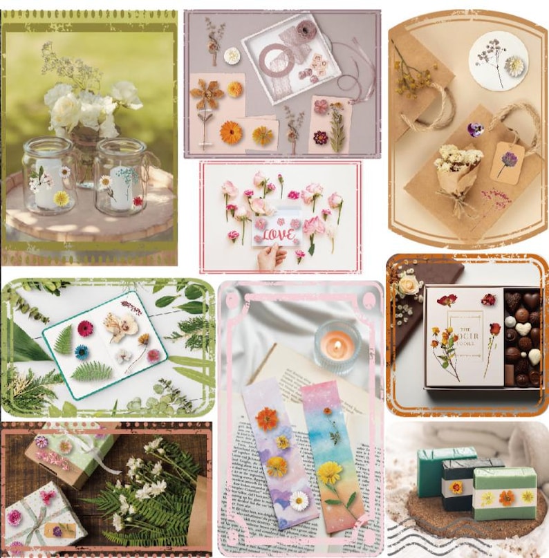 Puede incluir: Un collage de art&iacute;culos con tem&aacute;tica floral. Incluye tarros de cristal con detalles florales, cajas de regalo, marcap&aacute;ginas y una caja de bombones. Se presentan flores secas y arreglos florales, con una est&eacute;tica suave y natural.